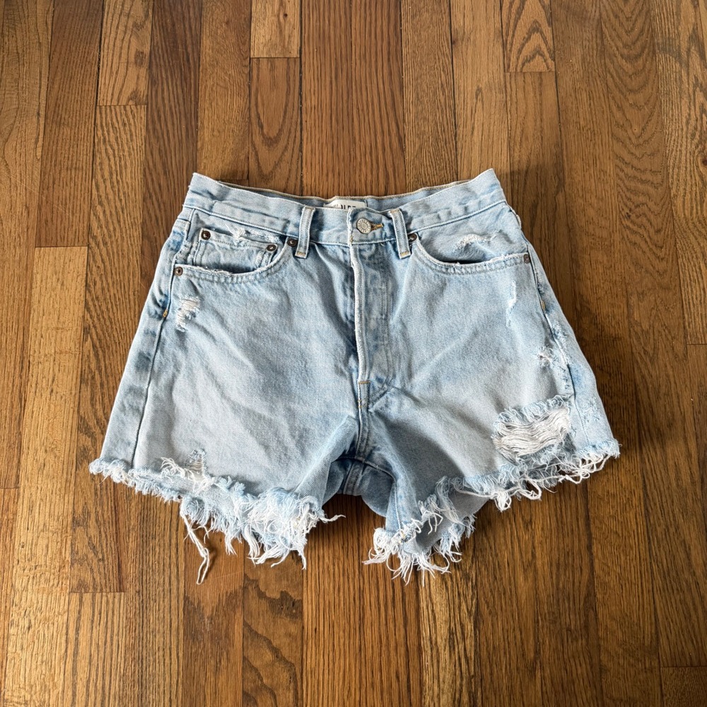 AGOLDE Parker Long High Rise Distressed Denim Shorts Blue Women's Sz 25 Vintage